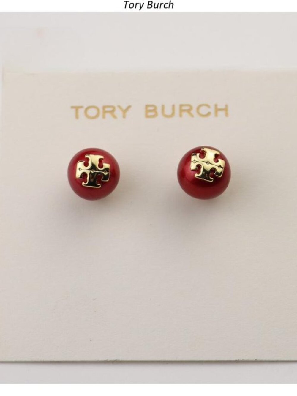 Tory Burch Red Enamel Logo Ball Stud Earrings with Gold Emblem